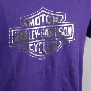 Harley Davidson Purple Tee  Shiny Silver Graphic Print - Double Sided, Size M